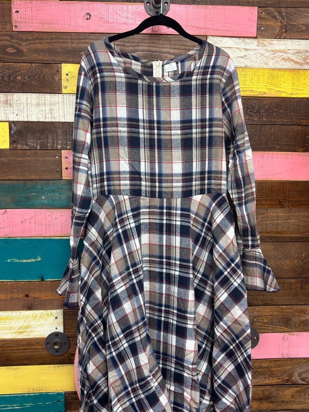 Girls Navy and Cream Plaid Swing Dress with Long Sleeves
